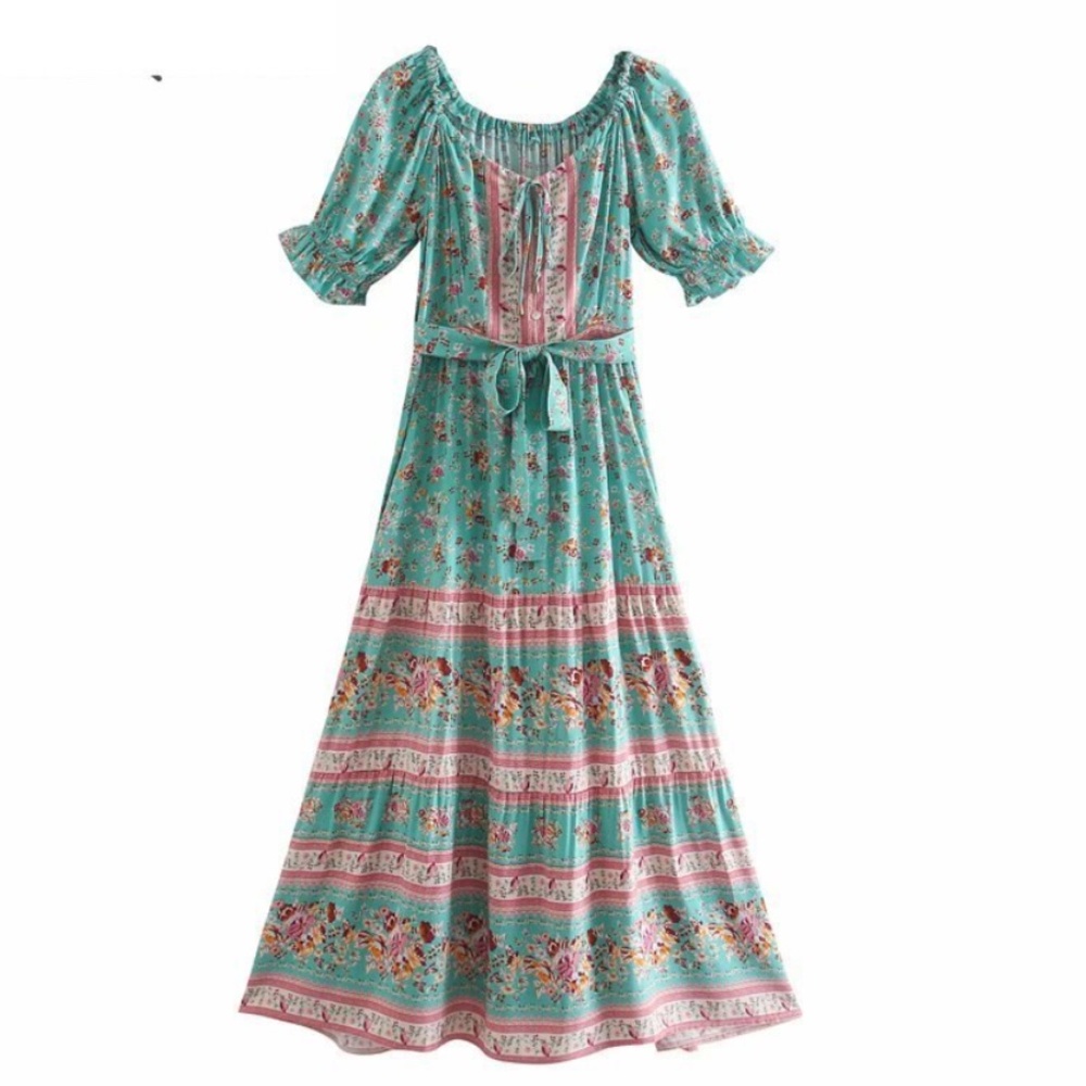 Boho bohemian gypsy floral print off shoulder dres - Picture 5 of 6